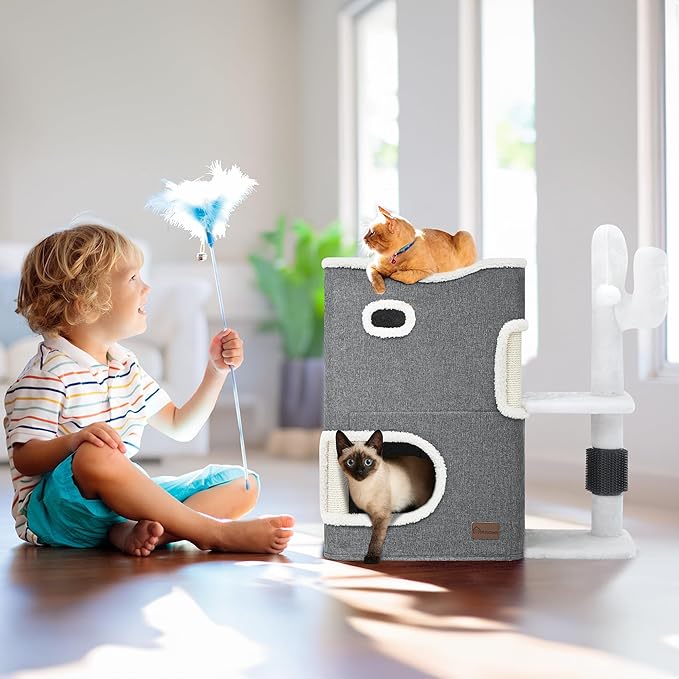 YIATHOME 2-Tier Cat House, Cat Beds for Indoor Cats, Small Cat Condo with Highway Cave, Scratch & Itching Post, Clmibing Stand, Modern Cat Cube Playhouse for Multi Kittens, Grey