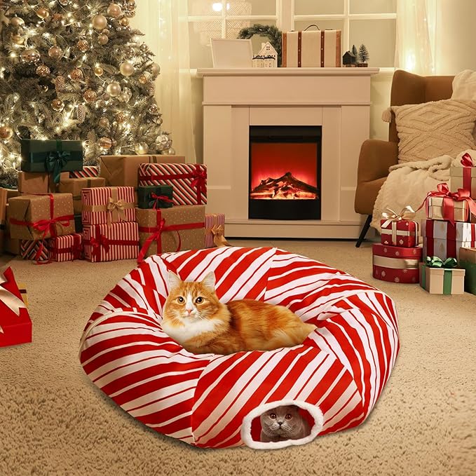 Cat Tunnel Bed Peekaboo Cat Cave Donut Under Christmas Tree Candy Cane Design Festive Decor Perfect for Small Medium Large Cats, Kittens, Rabbit, Ferret