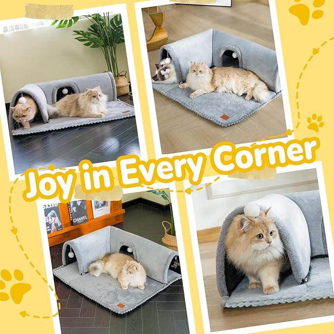 CATISM Cat Tunnel Bed, Cat Carpet Tunnel, Cat Tunnels for Indoor Cats, Cat Tunnel Rug, Detachable Cat Tunnel, Cat Bed Tunnel, Cat Tube 3 Ports + 2 Ceiling Balls + 1 Removable Feather Toys for Cats