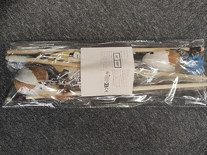 Set of 3 Natural Sisal Wand Teasers Exerciser for Cat Kitten with Mouse/Pumpkin/Fish Toy, Bell Feather Elastic String Sturdy Wood Rod-Toy for Cat