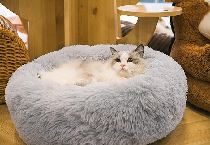 Calming Cat Beds for Indoor Cats, Anti Anxiety Round Fluffy Plush Faux Fur Cat Bed, Washable 23 inches Small Dog Bed & Cat Bed