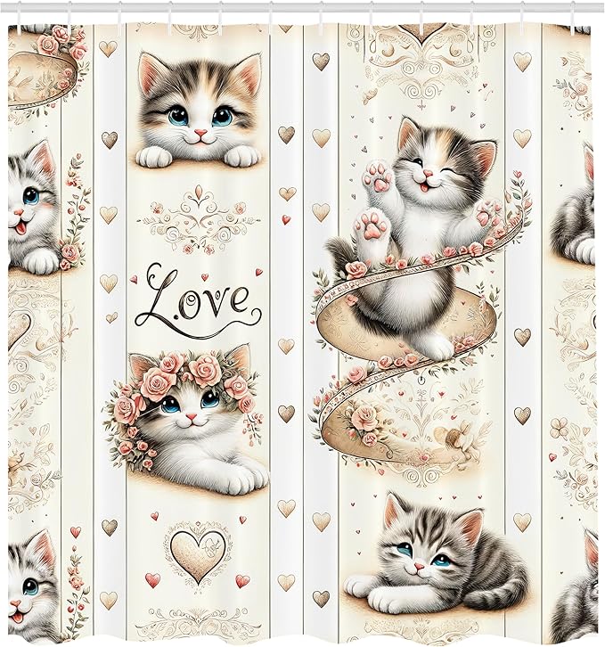 Ambesonne Cat Shower Curtain, Vintage Themed Pattern with Smiling Blue Eyed Kittens Love Hearts Nostalgia, Cloth Fabric Bathroom Decor Set with Hooks, 69" W x 84" L, Ivory Pale Brown Grey