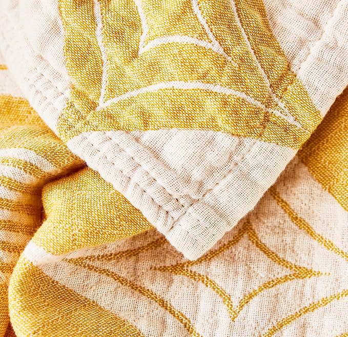 MEJU Diamond Modern Checks Fashion Stripe All Season Blanket Decorative for Bed Sofa Couch 100% Cotton 3 Layer Soft Warm Reversible Bedspread Throw Blanket Bed Coverlet Sheet Yellow F/Q 80 in x 90 in