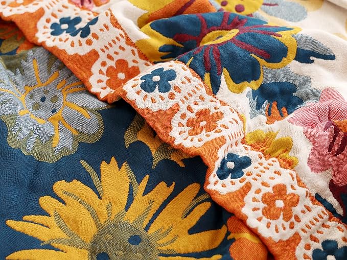 MEJU Daisy Flower Colorful All Season Boho Reversible Rustic Farmhouse Blanket for Bed Sofa Couch 100% Combed Cotton 4 Layer Soft Warm Quick Dry Throw Blanket Bed Coverlet Sheet Twin 60 in x 80 in