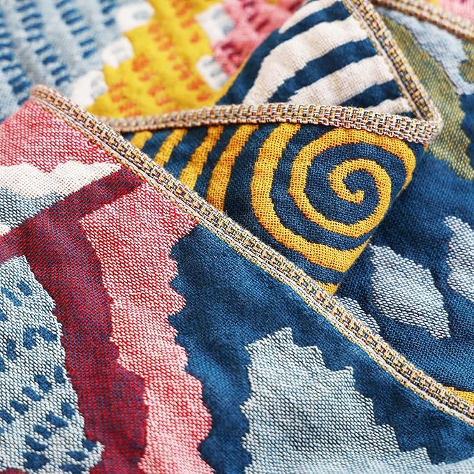 MEJU Geometry Colourful Sunshine Bright Sun & Star, Fire & Light Modern Muslin All Season Blanket for Bed Sofa Couch,100% Cotton 4 Layer Reversible Throw Blanket Bed Coverlet F/Q 80 in x 90 in