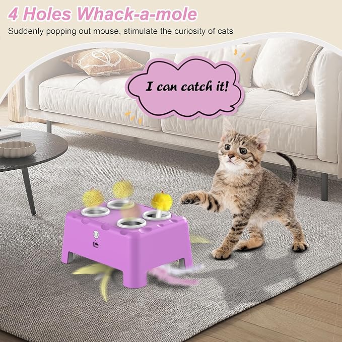Cat Toys, Interactive Cat Toys, 2-in-1 Automatic Cat Toy, 4 Holes Mice Whack A Mole Cat Mouse Toy with Moving Feather, Portable USB Rechargeable Electronic Kitten Toys (Pink)