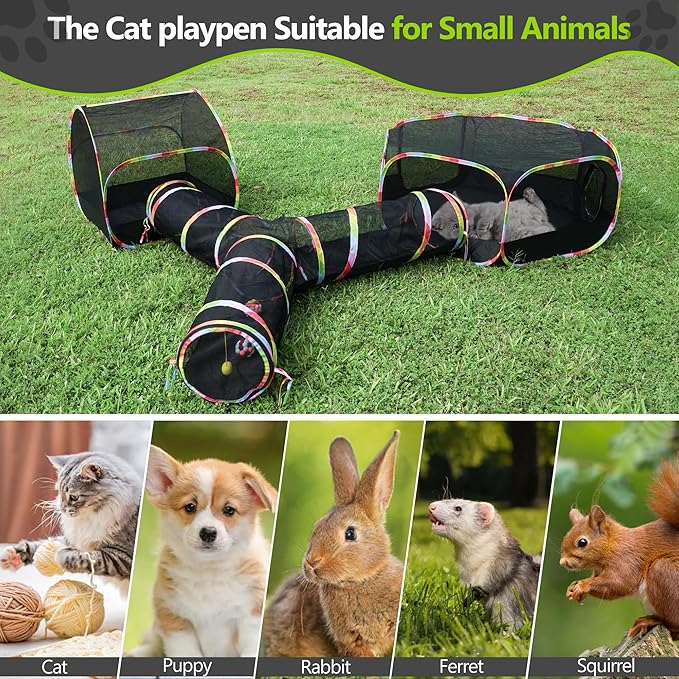 Outdoor Cat Enclosures Playground with Cat Toy Balls, Portable Cat Playpen Enclosed for Indoor Cats Includes 3 Way Cat Tunnel+Cat Tent+Pet Playhouse, Cat Outdoor Enclosure for Small Animals