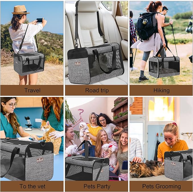 HiCaptain Cat Carrier Bag, Lightweight Soft Cat Carrier with Top Mesh Window, Breathable Pet Carrier for Medium Cats and Small Dogs Puppies up to 15 lb - Grey