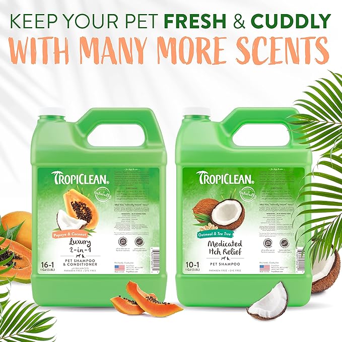 TropiClean 2-in-1 Cat & Dog Shampoo and Conditioner, Puppy & Kitten Safe, Moisturizing Detangler, Made in the USA, Papaya Scent, 1 gallon