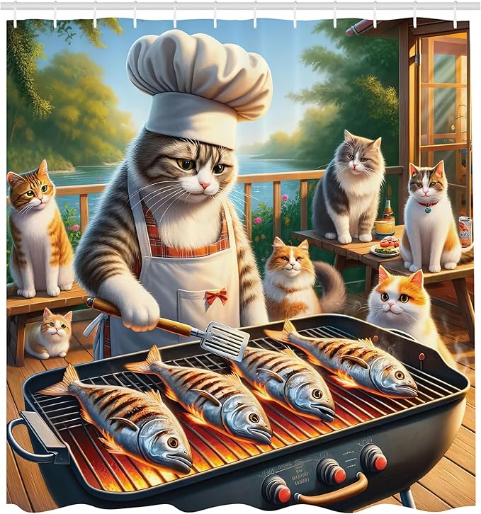 Ambesonne Cat Shower Curtain, Funny BBQ Themed Chef Kitty Grilling Fish for Pals Whimsical Backyard Barbecue Scene, Cloth Fabric Bathroom Decor Set with Hooks, 69" W x 70" L, Green Orange