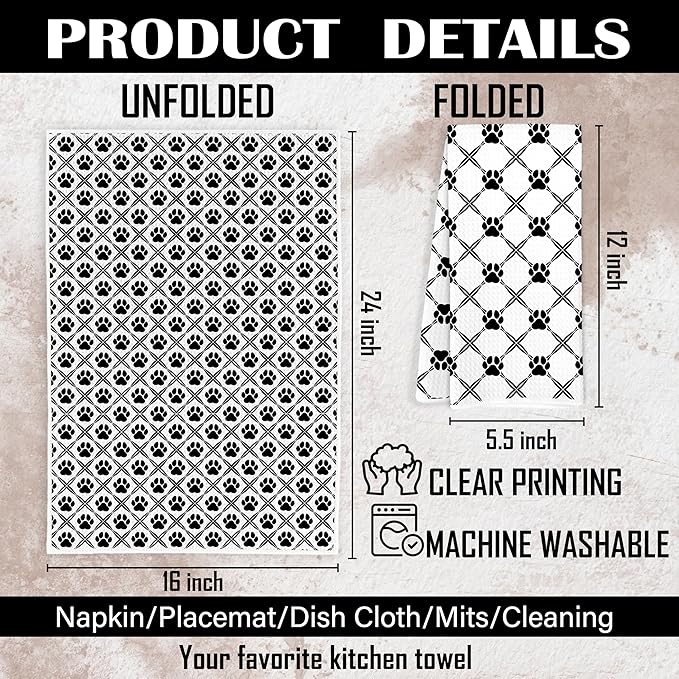 Black and White Diamond Dog Paw Kitchen Towels, Dog Lover Mom Gifts Dish Tea Towels for Kitchen Decor, Puppy Pet Lover Gifts Hand Towels for Bathroom Decor, 16x24 Inch Set of 2
