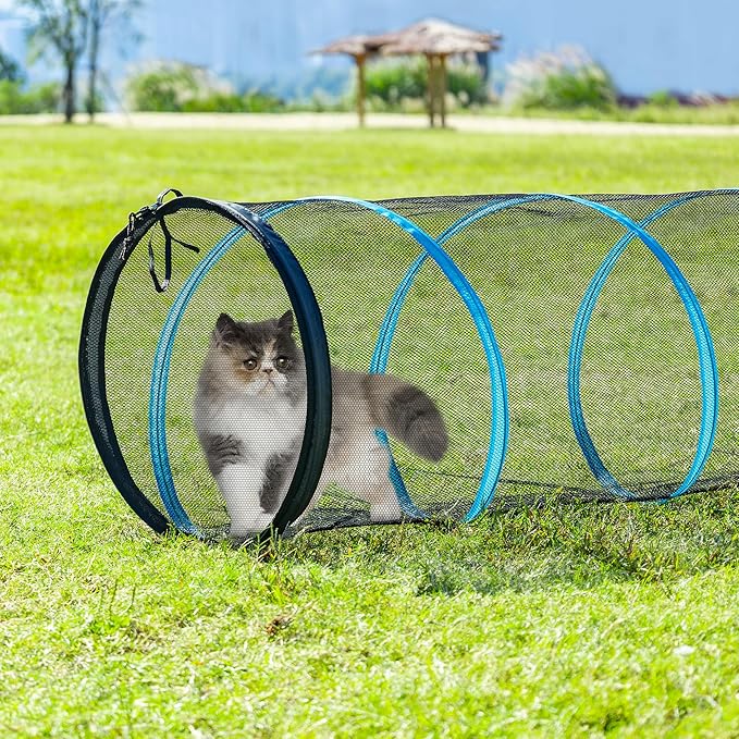 Cat Play Tunnel-3 Packs for Indoor and Outdoor,Cat Tunnel Outdoor,Cat Outdoor Enclosure, Cat Enclosures Easy to Connect with Two Zipper Doors,Product Size 59'' x 18'',3pcs /Set,Blue Trim