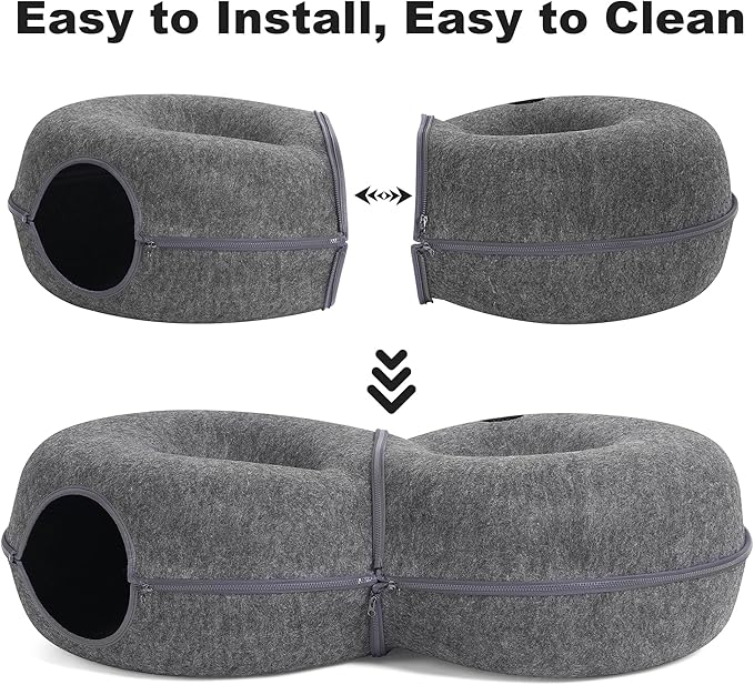 8-Shaped Large Cat Tunnel Bed for Indoor Cats, Infinite Circulation Peekaboo Cat Cave with 12 Toy Balls, Cat Donut Tunnel for Cats up to 30 Pounds (Dark Grey, L 38x24x11in)