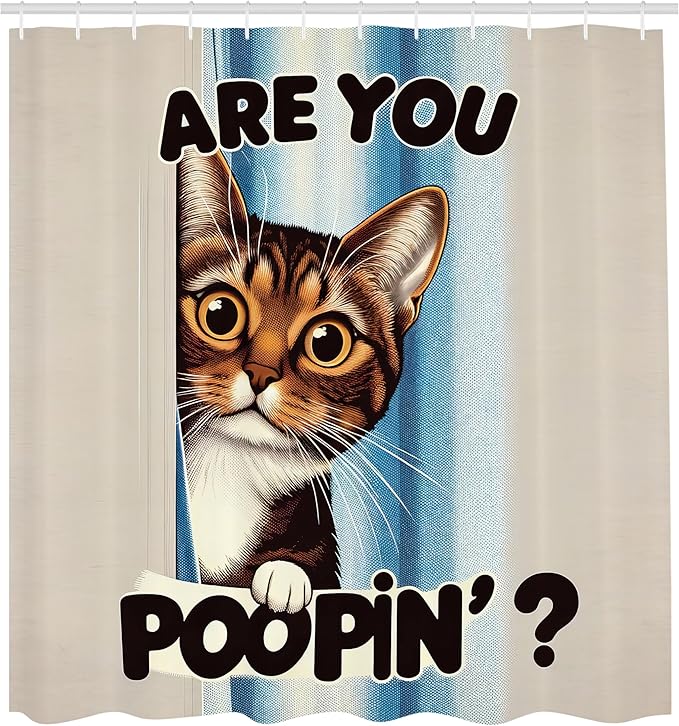 Ambesonne Cat Shower Curtain, Vintage Curious Brown Kitten with are You Poopin' Writing Joke Humor Themed, Cloth Fabric Bathroom Decor Set with Hooks, 69" W x 84" L, Blue Coconut Chocolate