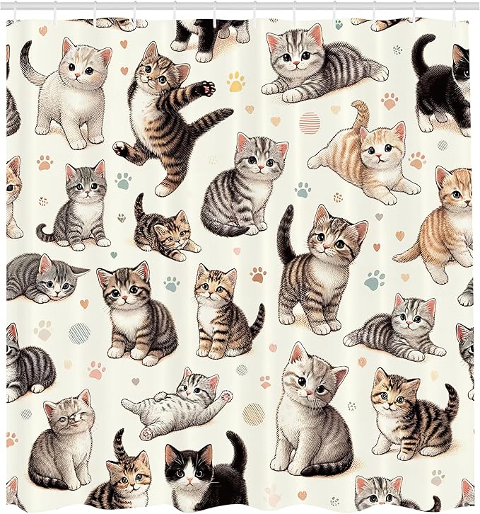 Ambesonne Cat Shower Curtain, Pattern of Little Kittens Playful Poses Joyous Concept Pastel Paw Prints, Cloth Fabric Bathroom Decor Set with Hooks, 69" W x 75" L, Off White Taupe and Grey