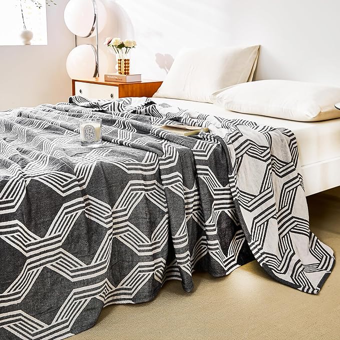 MEJU Black White Modern Checks Fashion Stripe All Season Blanket for Bed Sofa Couch 100% Cotton 3 Layer Soft Warm Reversible Bedspread Throw Blanket Bed Coverlet Sheet Black Twin 60 in x 80 in