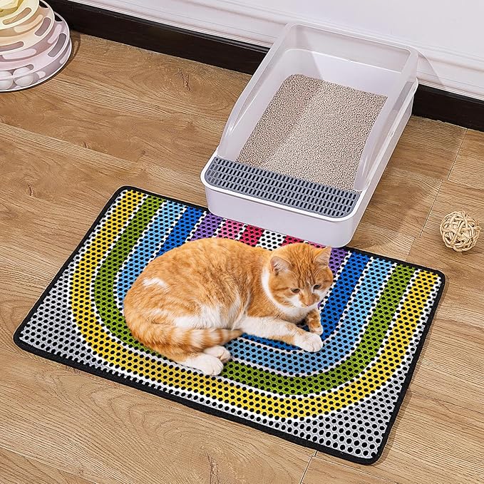 Bienbee Cat Litter Mat, 24"x15" Cat Litter Trapping Mat, Double Layer Litter Mat with Non-Slip Rubber Bottom, Urine and Water Proof, Keeps Floors Clean Rainbow M