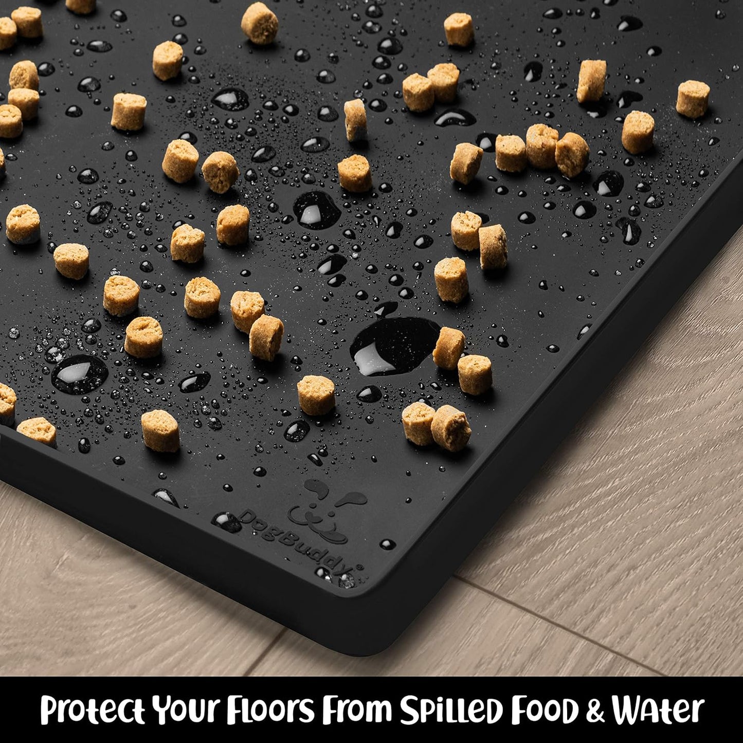 DogBuddy Dog Food Mat – Waterproof Dog Bowl Mat for Food and Water, Silicone Pet Feeding Mats for Floors, Non-Slip Placemat with High Edges for Dogs Bowls, Puppy Essentials (Small: 19"x12", Black)