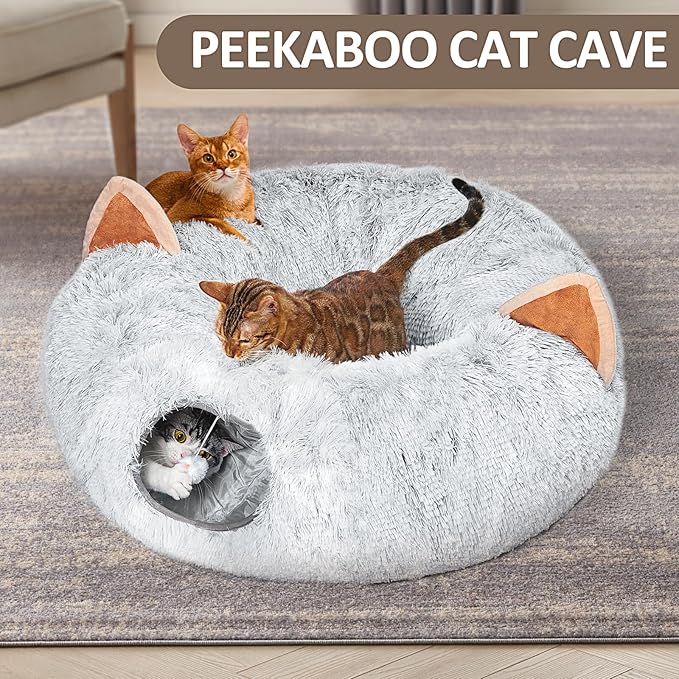 NEZIN Cat Tunnel with Cat Bed for Indoor Cats, Under Christmas Tree Plush Peekaboo Cat Cave, Multifunctional Cat Donut Tunnel Playground Toys for Cats Kitten Rabbit Ferret