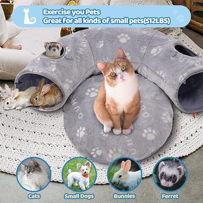 Cat Tunnel Bed with Plush Cover, Cat Tunnels for Indoor Cats, Cat Donut Tunnel with 4 Fluffy Toy Balls, Self-Luminous Cat Tube, Peekaboo Cat Cave for Kittens, Rabbits and Large Pets