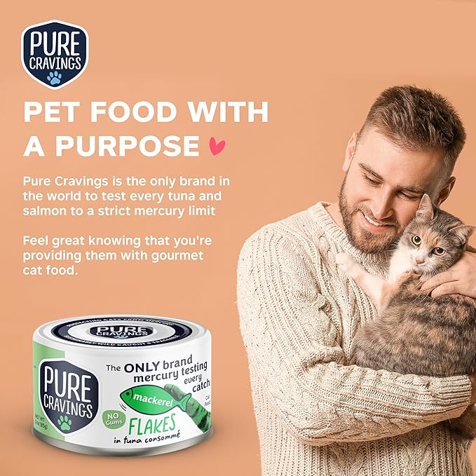 Mackerel Flakes in Tuna Consommé, Canned Wet Cat Food Soup, 100% Mercury-Tested, Moist Can Fish, Grain-Free Protein, Non-GMO, 3oz, Pack of 12