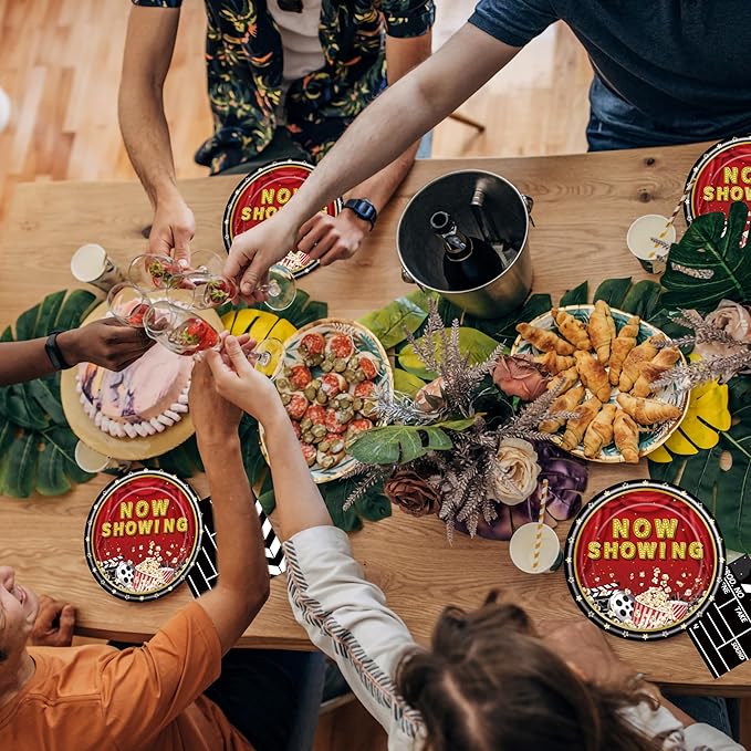 96 Pcs Movie Theme Party Plates Napkins Forks Decorations Tableware Set Supplies Disposable Paper Movie Night Popcorn Projection Tape Favors, Serves 24 Guests