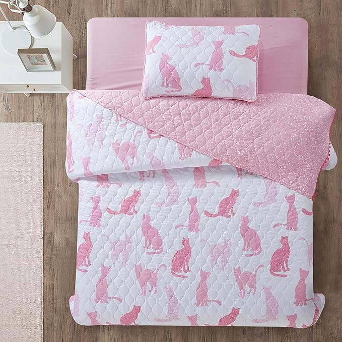 2 Piece Pink Cats Quilt Set with Mini Pom Poms, Twin, Pink