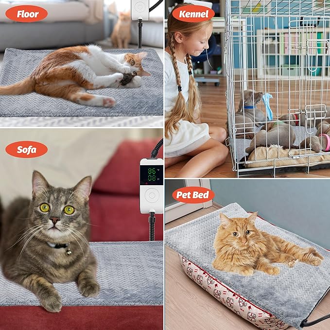 PatiencET Heated Cat Bed, 18'' x 28'' Temperature Adjustable Cat Dog Heating Pad with Timer Indoor, Pet Heating Pad for Cats Dogs, Cat Warming Pad Bed with Metals Chew Resistant Cord