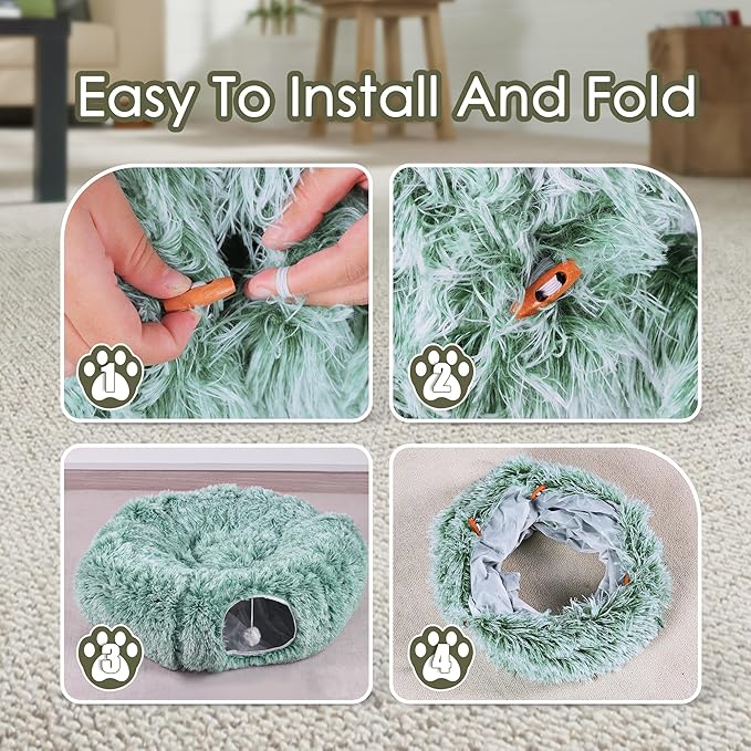 Cat Tunnel Bed for Indoor Cats, Catasaurus Peekaboo Cat Cave with Washable Soft Play Mat, Furry Cat Tube, for Kitten/Puppy/Rabbit, Green