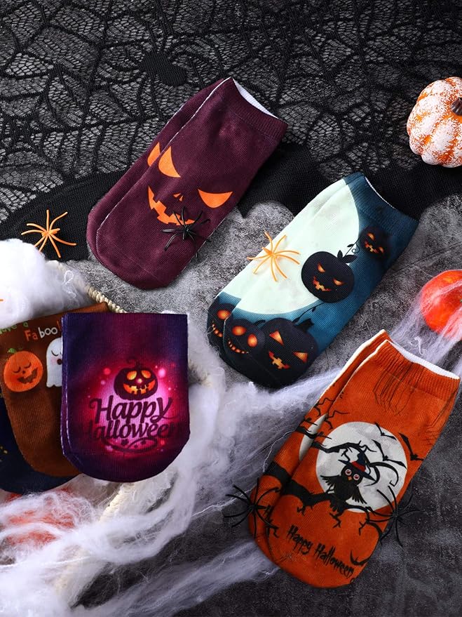 Boao 6 Pieces Christmas Socks 3D Print Short Casual Funny Halloween Pumpkin Cat Ankle Socks