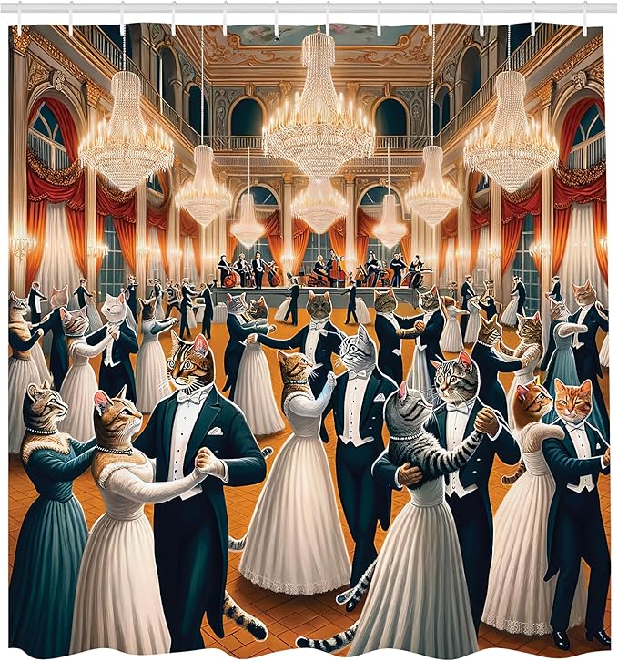 Ambesonne Cat Shower Curtain, Classic Ballroom with Waltz Dancing Kitty Couples in Formal Clothes Print, Cloth Fabric Bathroom Decor Set with Hooks, 69" W x 70" L, Petrol Blue and Orange