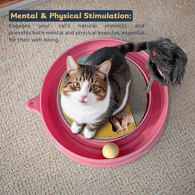 Scratcher Cat Toy with Ball Track Assorted Colors Pad Board for Indoor Play Physical Interactive Toy with Spring & Ball. Perfect for Chasing, Hunting, Mental & Physical Exercise Puzzle (Pink)