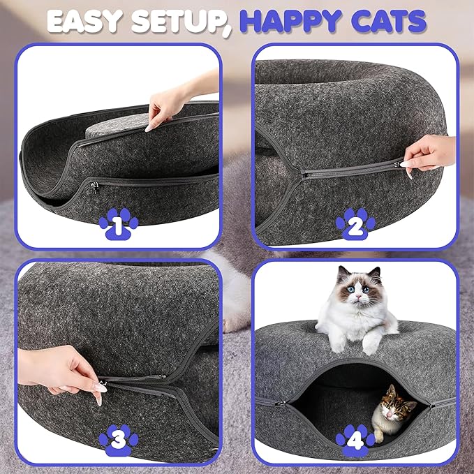Cat Tunnel Bed - Felted Cat Bed with Fish Toy, Cat Beds for Indoor Cats, Scratch Detachable & Washable Tunnel Bed, Comfy Donut - Dark Gray