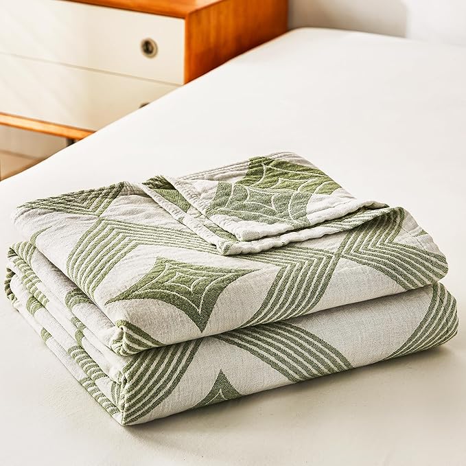 MEJU Diamond Green Modern Checks Fashion Stripe All Season Blanket Decorative for Bed Sofa Couch 100% Cotton 3 Layer Soft Warm Reversible Bedspread Throw Blanket Bed Coverlet Sheet F/Q 80 in x 90 in