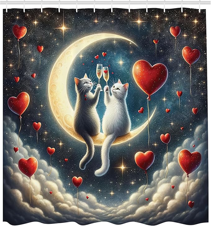 Ambesonne Cat Shower Curtain, Toasting Champagne Kitties Romantic Date Crescent Clouds Heart Balloons, Cloth Fabric Bathroom Decor Set with Hooks, 69" W x 70" L, Dark Night Blue Vermilion