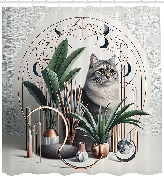 Ambesonne Cat Shower Curtain, Kitty in a Noble Pose with Boho Ornaments Home Plants and Mandala Crescent, Cloth Fabric Bathroom Decor Set with Hooks, 69" W x 70" L, Grey Green Pale Rust