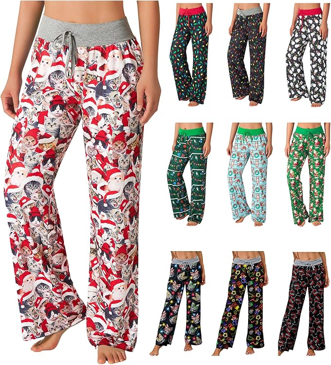 ALISISTER Christmas Womens Pajama Pants Casual Comfy Sleepwear Wide Leg Drawstring Bottoms