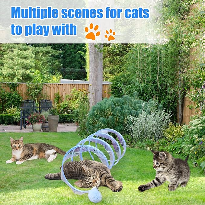 Mity rain Cat Tunnels for Indoor Cats,S Type Foldable Cat Tunnel Toy,Decompression Interactive Cat Springs Toys with Cat Ribbon/Bell/Feather/Pom pom Balls Blue
