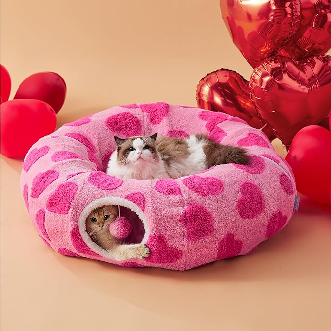 Lesure Cat Tunnel Bed for Indoor Cats - Cute Cat Donut Tunnel with Washable Circle Cushion, Round Pet Play Tunnel Toy for Kitten/Puppy/Rabbit, Pink Hearts