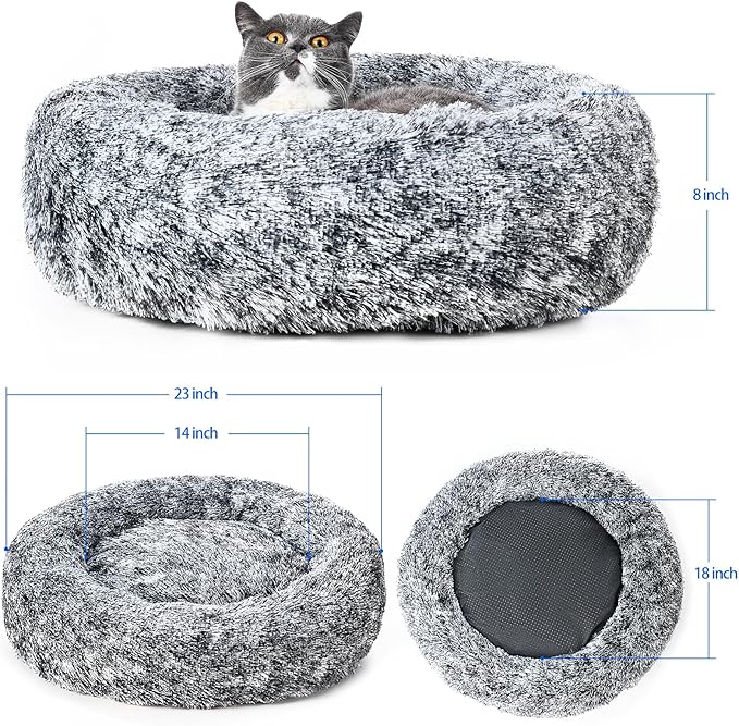 Cat Bed for Indoor Cats Self Warming Washable-Round with Slip-Resistant Bottom Warm Cuddler Cushion Bed Pet Furniture for Small Medium Large Kittens - 23 Inch Dark Grey