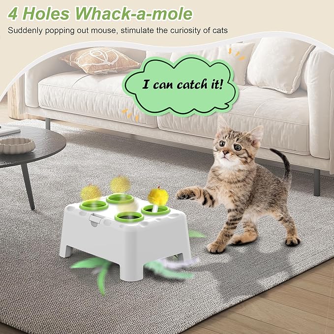 Cat Toys, Interactive Cat Toys, 2-in-1 Automatic Cat Toy, 4 Holes Mice Whack A Mole Cat Mouse Toy with Moving Feather, Portable USB Rechargeable Electronic Kitten Toys (White)
