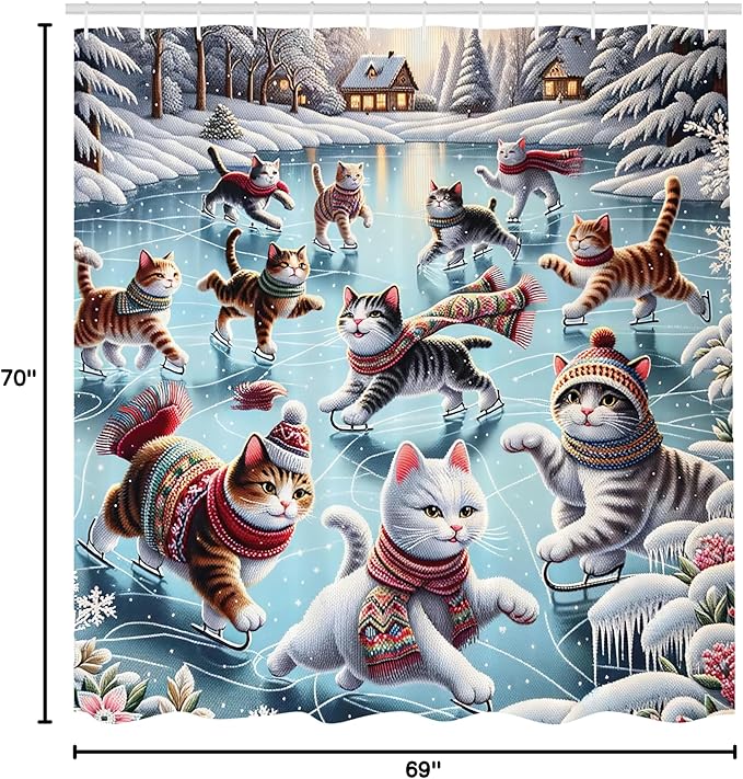Ambesonne Cat Shower Curtain, Cozy Winter Woodland Scene with Cottages and Ice Skating Kitties Snow Fun, Cloth Fabric Bathroom Decor Set with Hooks, 69" W x 70" L, Soft Blue Burnt Orange