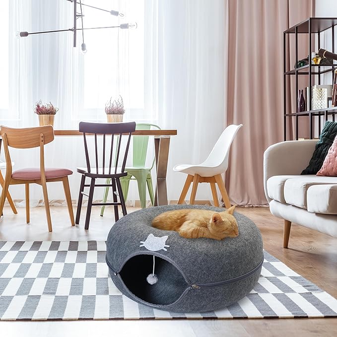 Meow Mansion Cat Cave Donut Bed - Cat Tunnel Bed for Large Cats up to 30lbs - 3 Toy Balls & Hanging Ball Included - Scratch Resistant, Detachable and Cleanable Cat Donut Bed