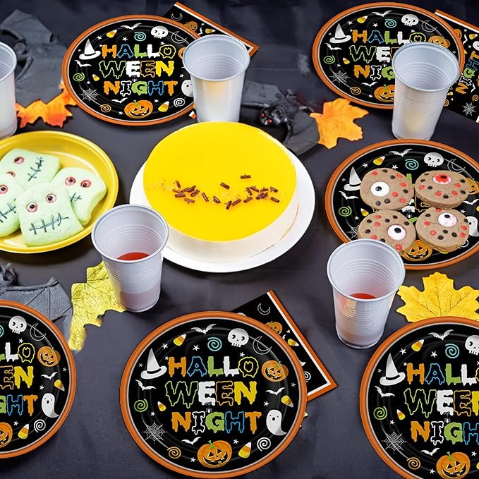 96 Pcs Halloween Paper Plates and Napkins Forks, Disposable Party Dessert Tableware Supplies Decorations Birthday Table Dinnerware Favors Set, Serves 24