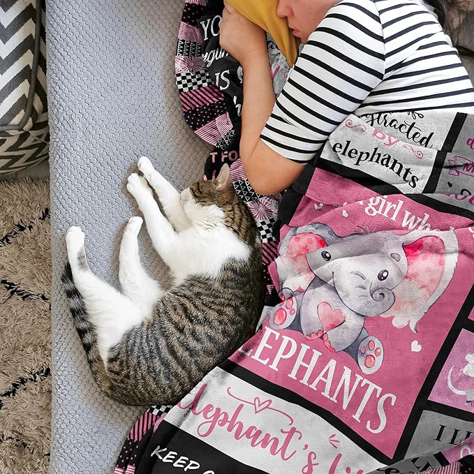 Elephant Lovers Blanket, 50"x60", Polyester/Flannel, Soft, Warm, Modern Cartoon Elephant Print Throw Blanket