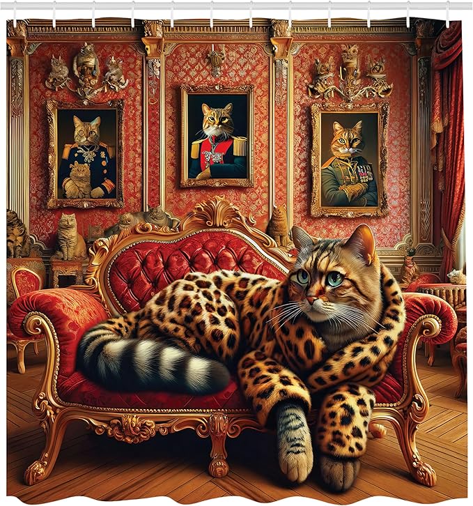 Ambesonne Cat Shower Curtain, Royal Kitty in Leopard Coat Laying on Lounge Sofa Whimsical Humorous Animal Art, Cloth Fabric Bathroom Decor Set with Hooks, 69" W x 84" L, Marigold Salmon