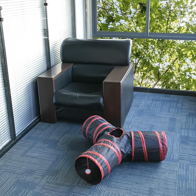 Cat Tunnel, Collapsible Tube with 1 Play Ball Kitty Toys, 3 Ways Cat Tunnels for Indoor Cats, Puppy, Kitty, Kitten, Rabbit (Black and Red)…