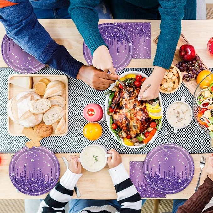 96 Pcs Purple Silver Plates and Napkins Party Supplies, Disposable Forks Paper Dessert Tableware Glitter Decorations Birthday Table Dinnerware Favors Set, Serves 24