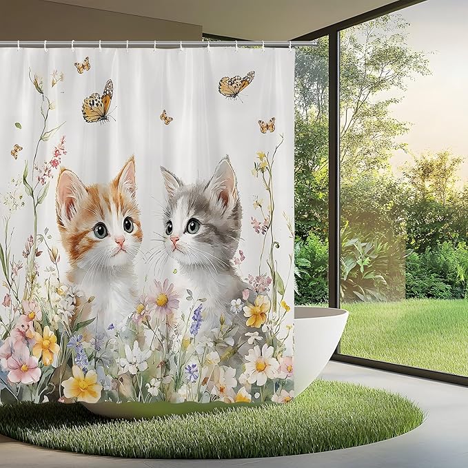 Butterfly and Kitten Floral Shower Curtain Cute Cat Spring Farmhouse Rustic Farm Animal Garden Cats Pet Lover Wildflower Bathroom Curtains Set Polyester Fabric with Hooks 70" W x 70" L