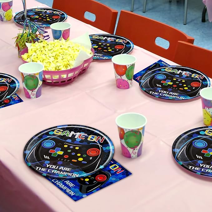96 Pcs Video Game Birthday Party Plates Napkins Forks Supplies Tableware Set Disposable Table Boys Gaming Theme Decoration for Kids Birthday Party, Serves 24 Guests